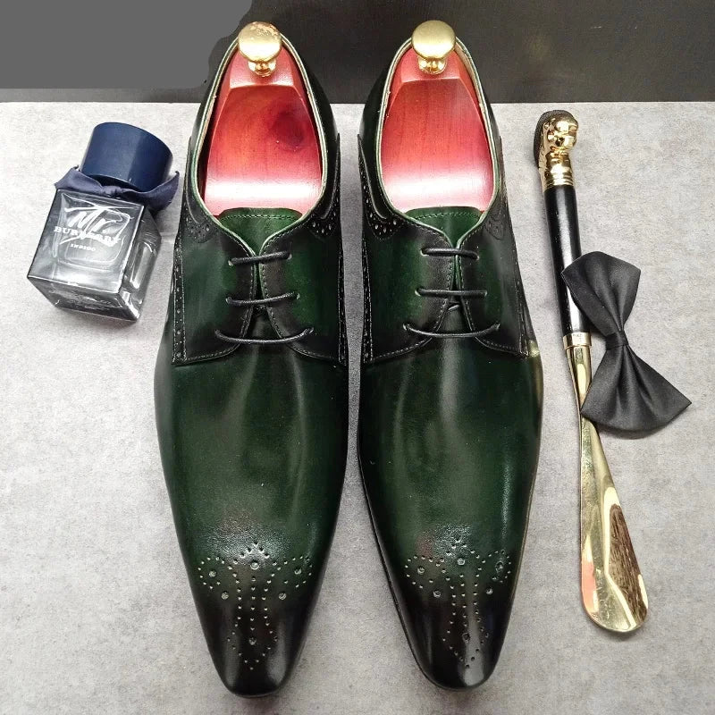 Casual Brogue Green Black Pointed Toe Shoes