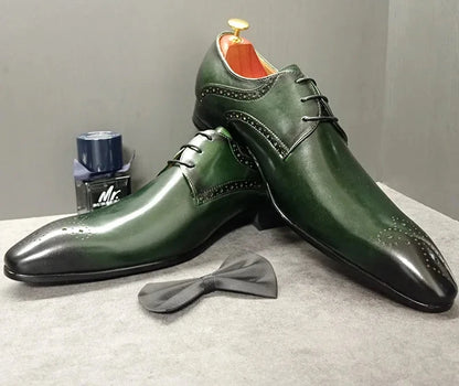 Casual Brogue Green Black Pointed Toe Shoes