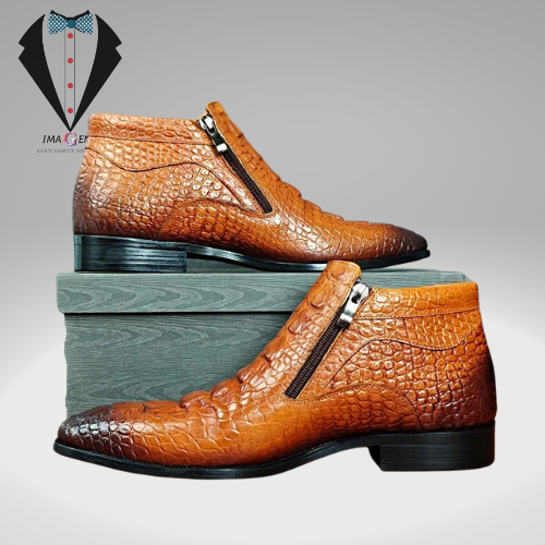 Classic Crocodile Print Leather Ankle Boots Men