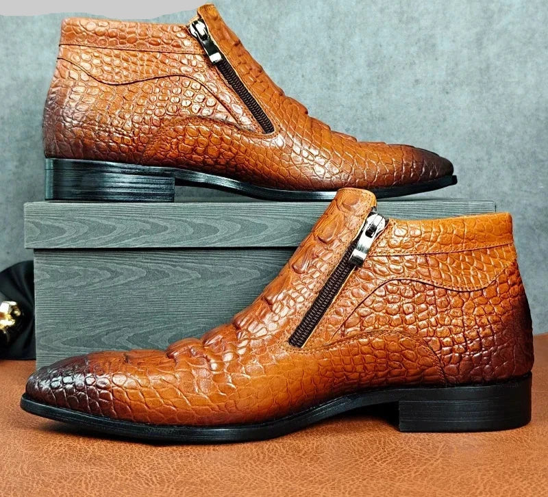 Classic Crocodile Print Leather Ankle Boots Men