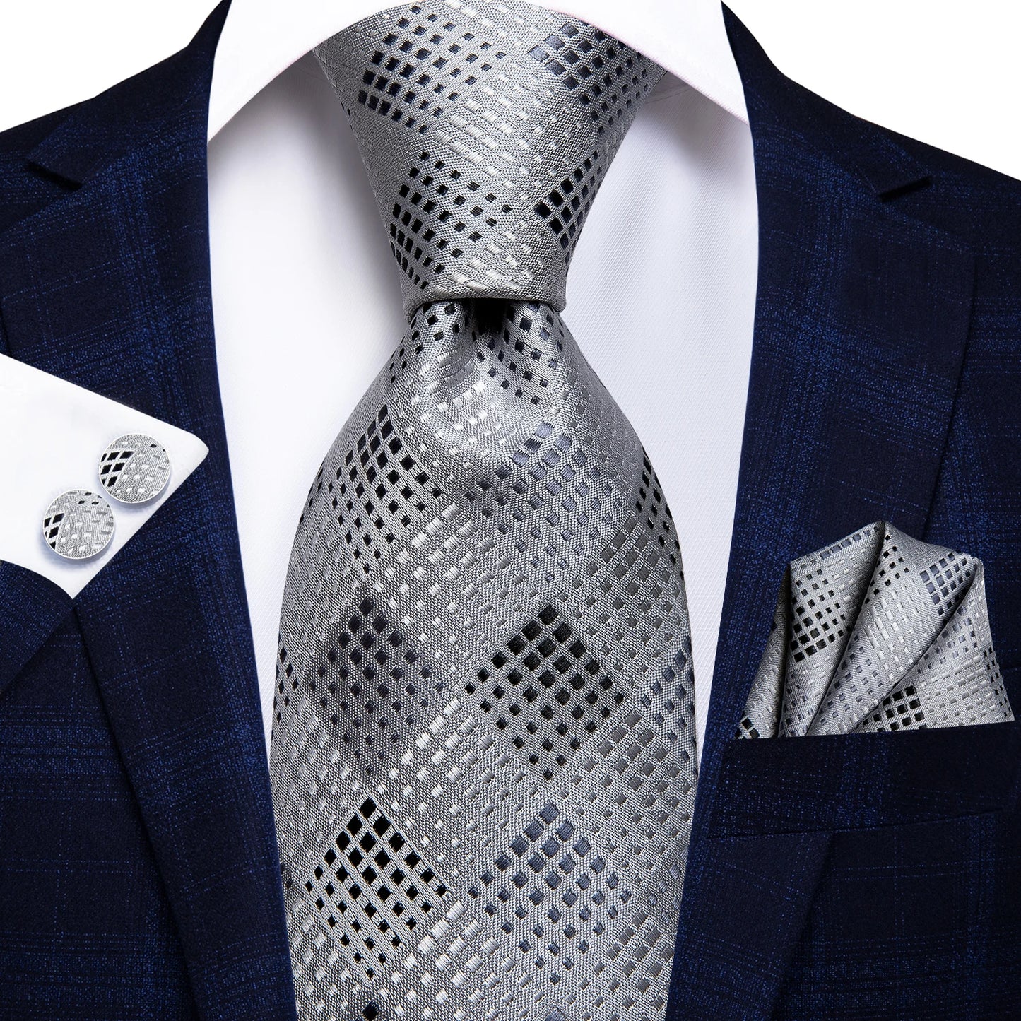 Silk Silver Blue Plaid Tie For Men