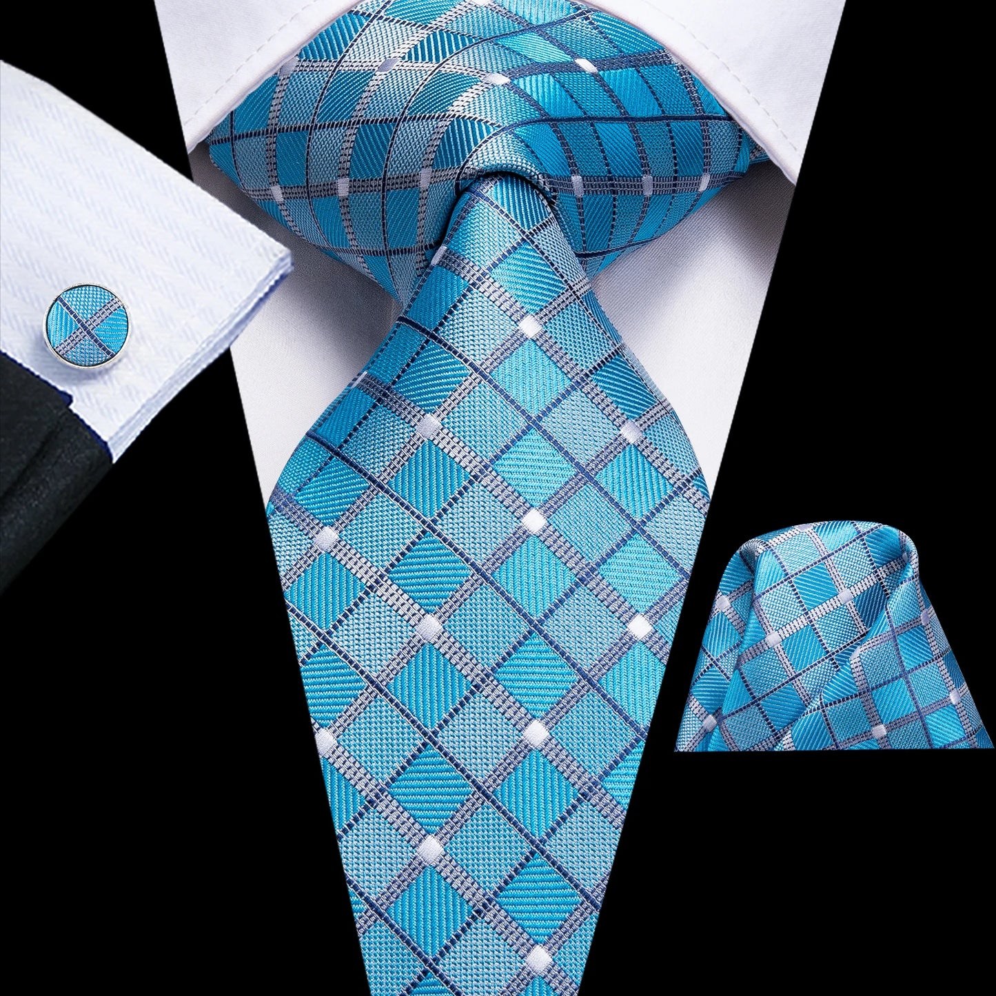 Silk Silver Blue Plaid Tie For Men