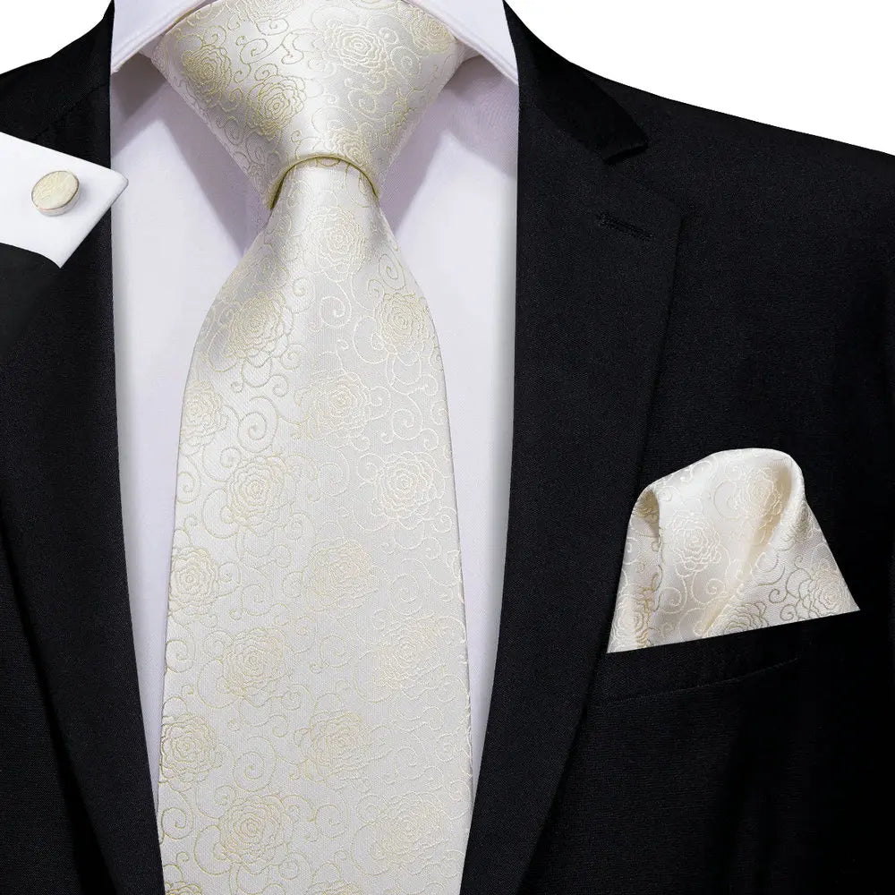 High Quality Champagne Beige Floral Design Silk Tie