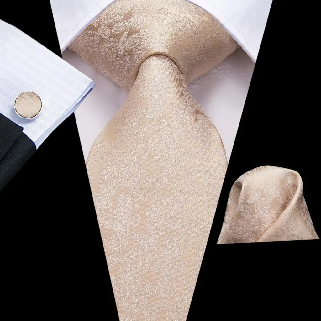 High Quality Champagne Beige Floral Design Silk Tie