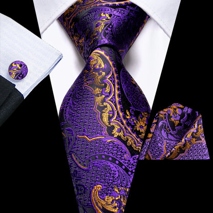 Handy Purple Gold Floral Silk Tie For Men