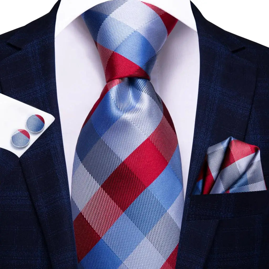 Silk Silver Blue Plaid Tie For Men