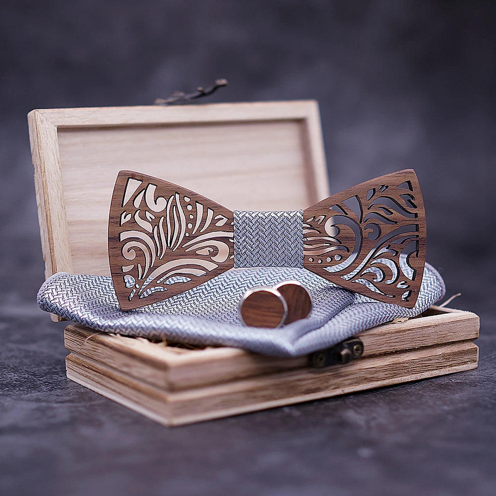 Luxurious Carved Wooden Bow Tie Set