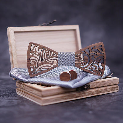 Luxurious Carved Wooden Bow Tie Set