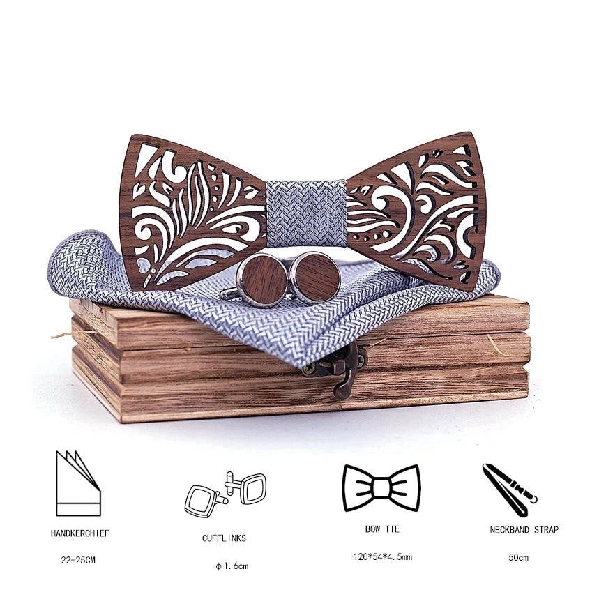 Luxurious Carved Wooden Bow Tie Set