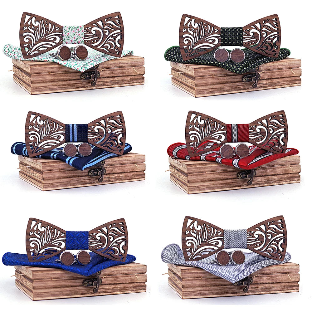 Luxurious Carved Wooden Bow Tie Set