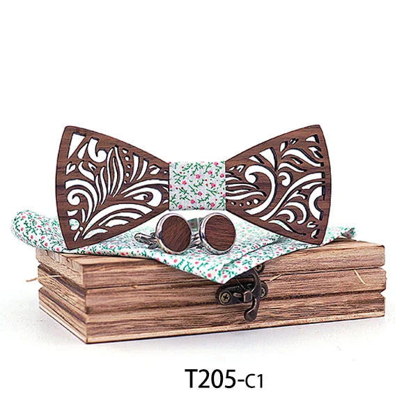 Luxurious Carved Wooden Bow Tie Set