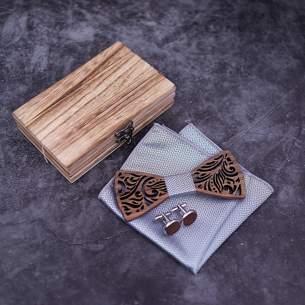 Luxurious Carved Wooden Bow Tie Set