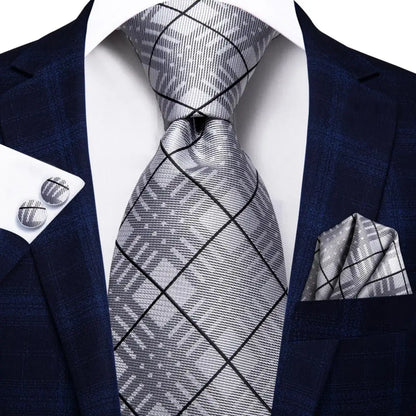 Silk Silver Blue Plaid Tie For Men