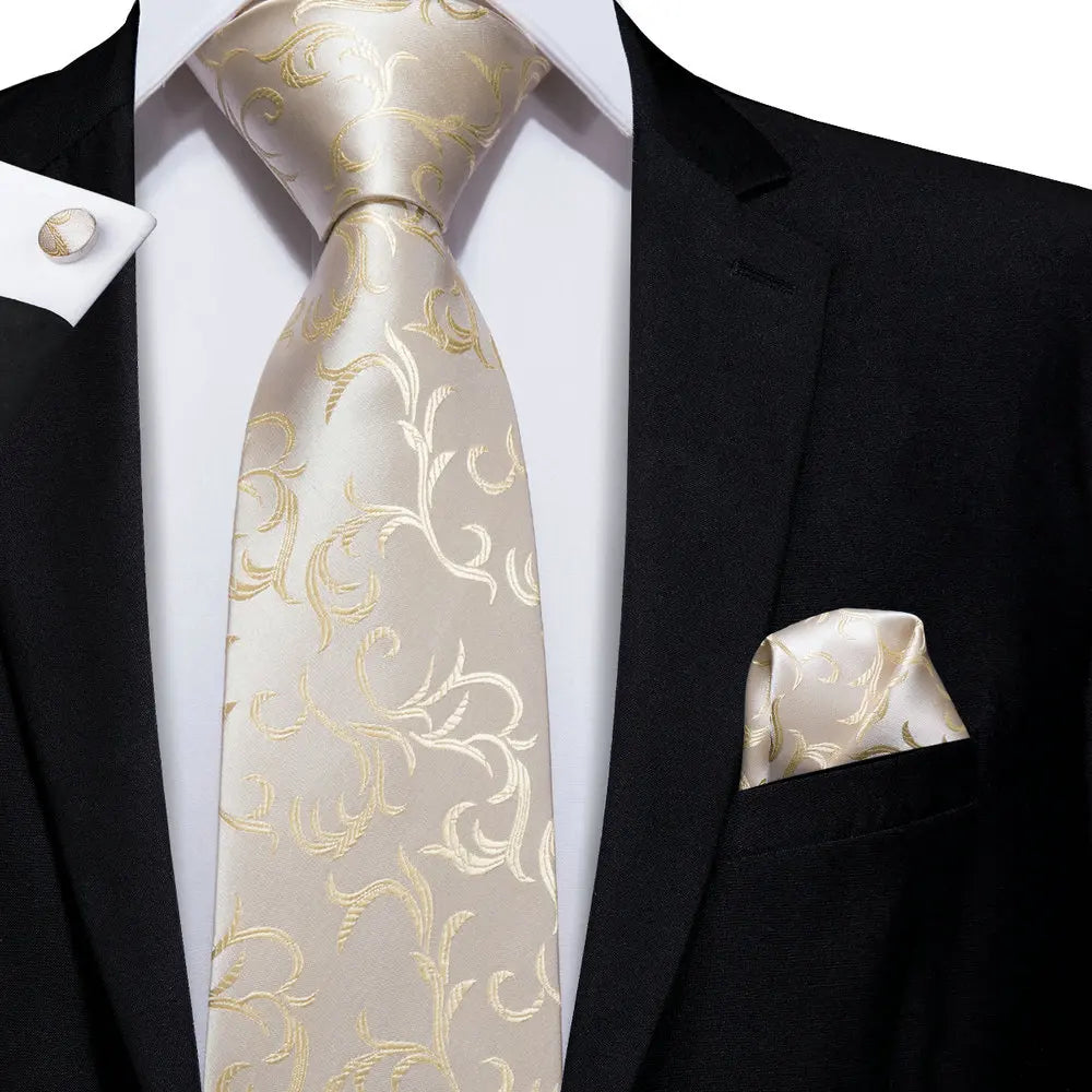 High Quality Champagne Beige Floral Design Silk Tie