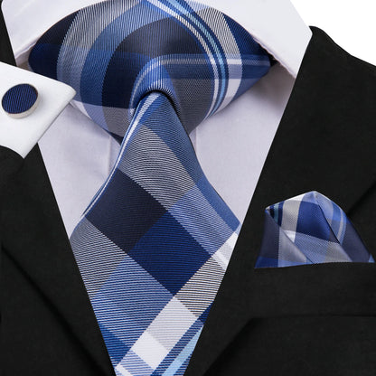 Silk Silver Blue Plaid Tie For Men