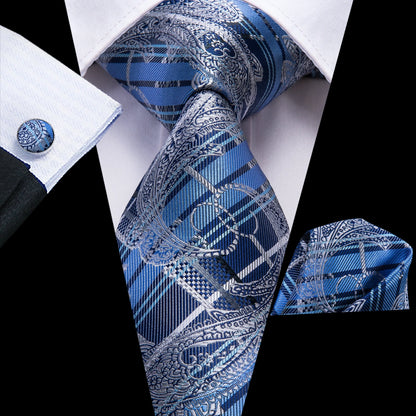 Silk Silver Blue Plaid Tie For Men