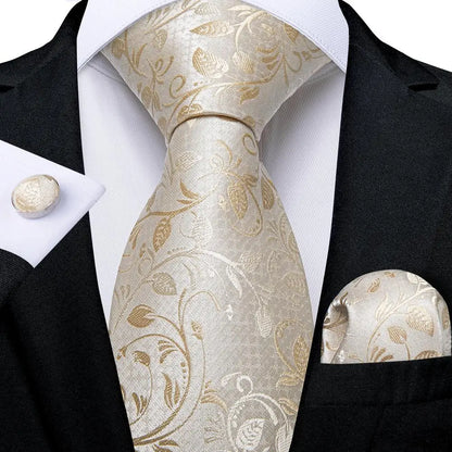 High Quality Champagne Beige Floral Design Silk Tie