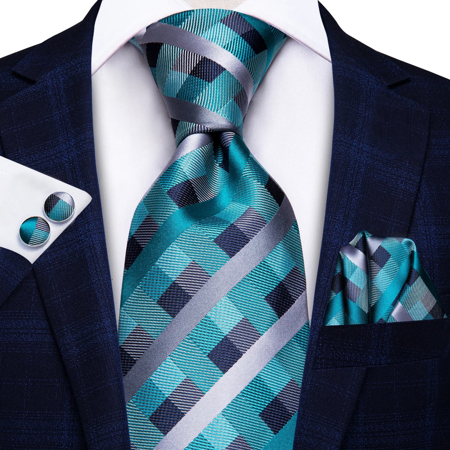 Silk Silver Blue Plaid Tie For Men