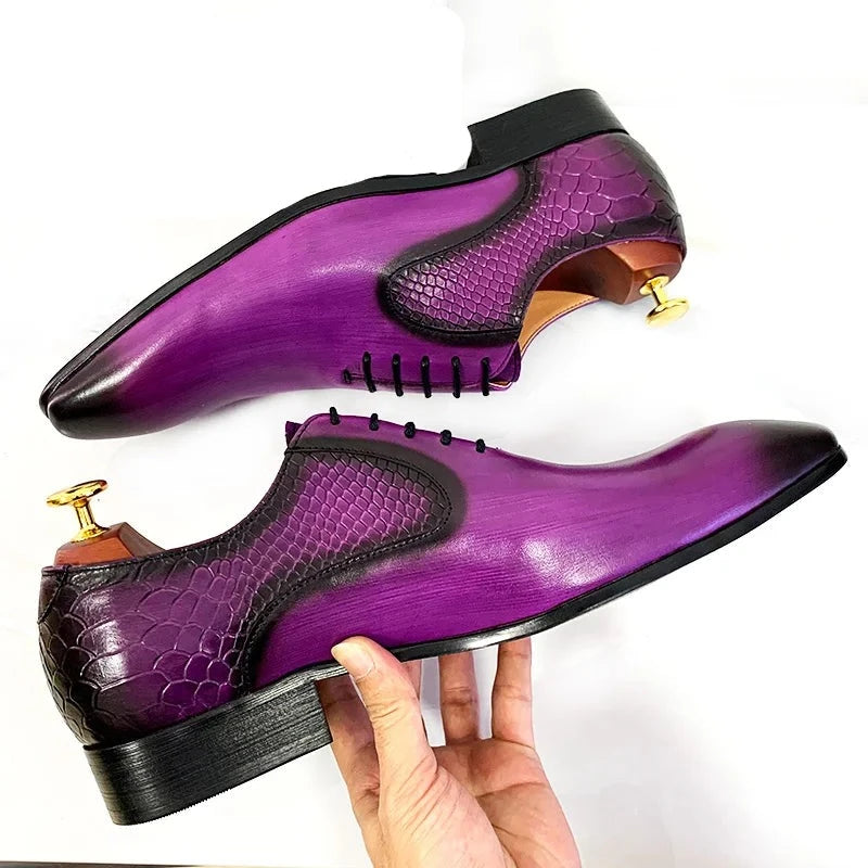 Polish Lace Up Pointed Toe Snake Skin Print Men Shoes