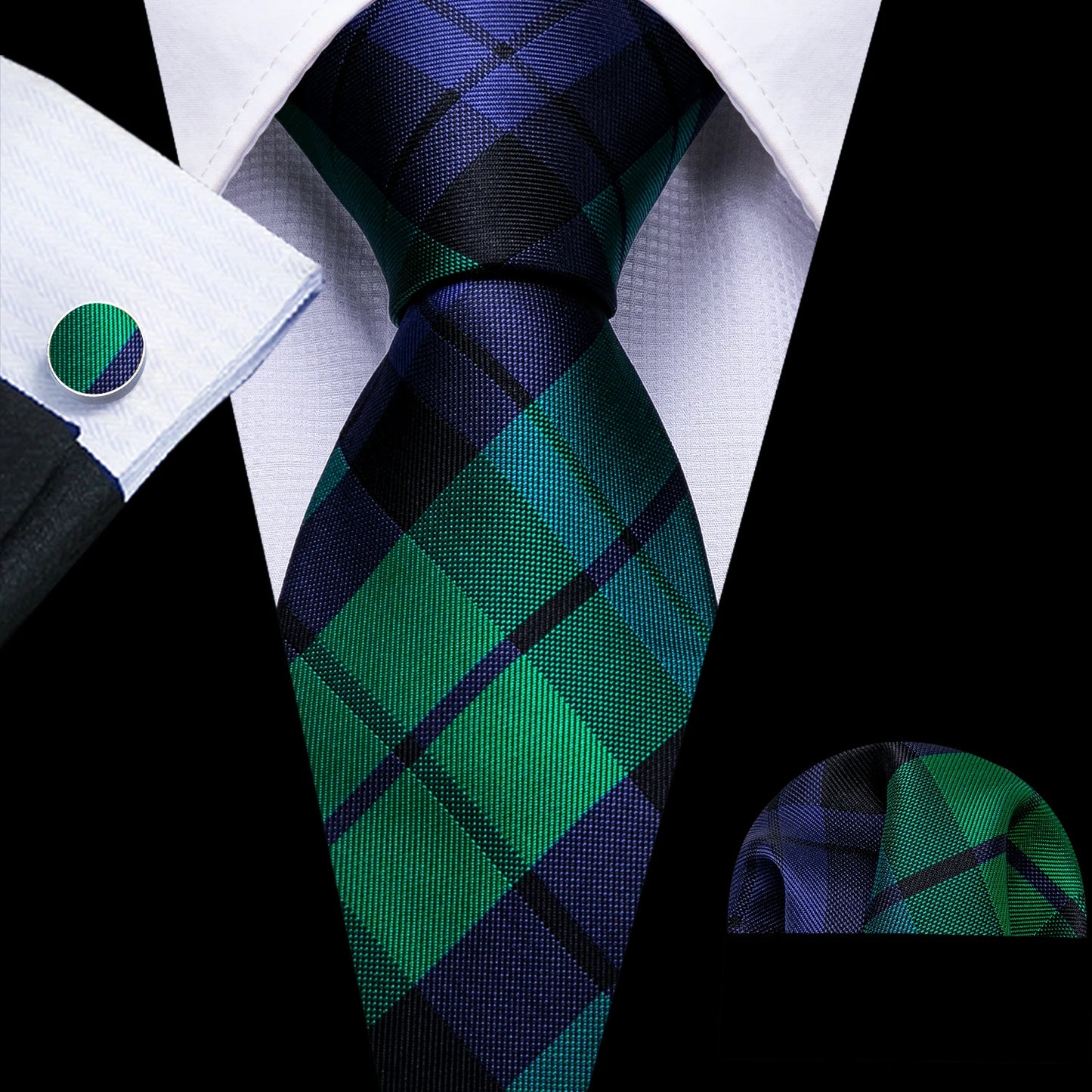 Black Green Silk Mens Ties Set