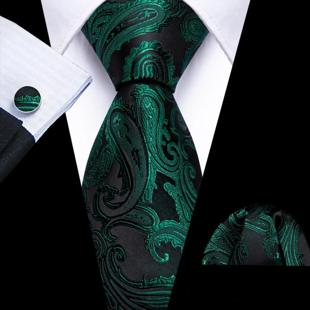 Black Green Silk Mens Ties Set