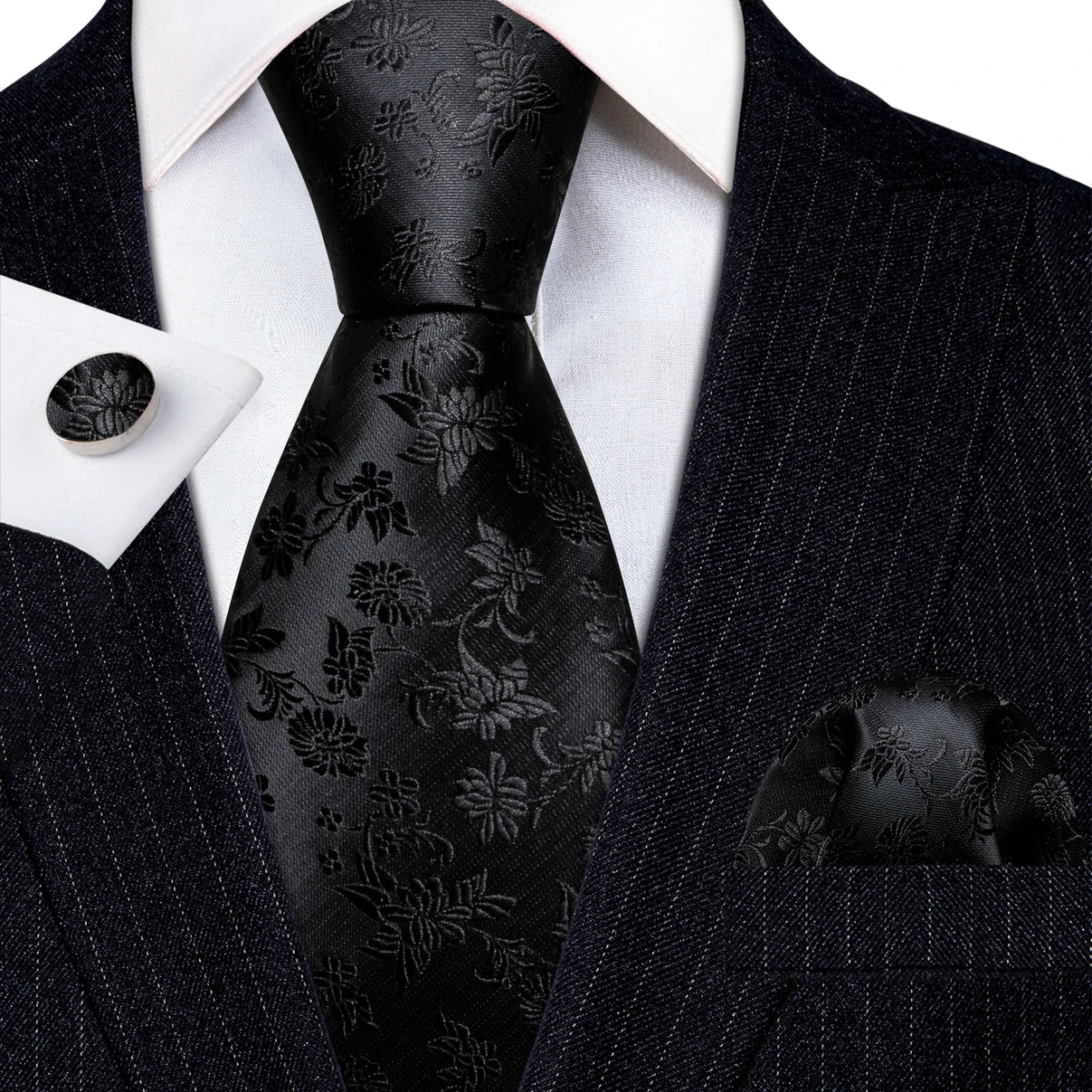 Black White Gray Silver Silk Men Tie