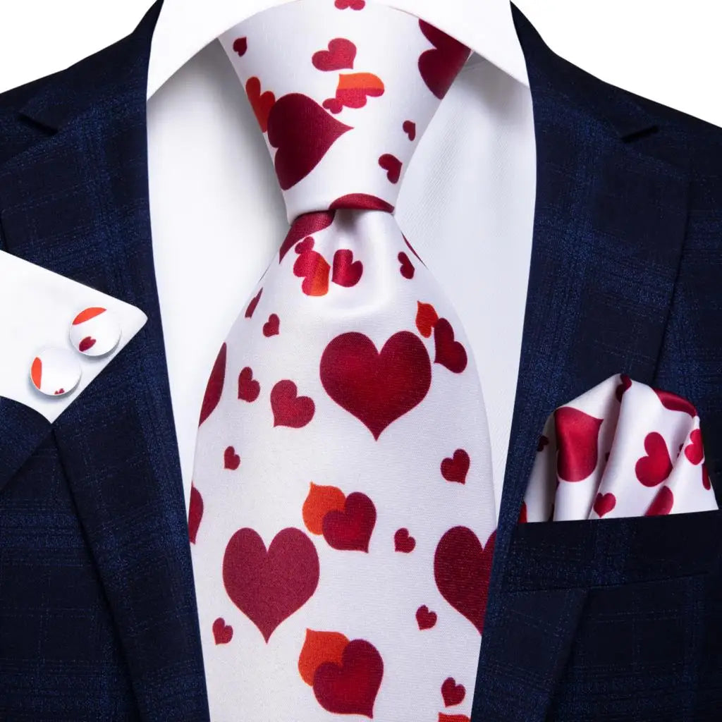 Silk White Red Heart Tie