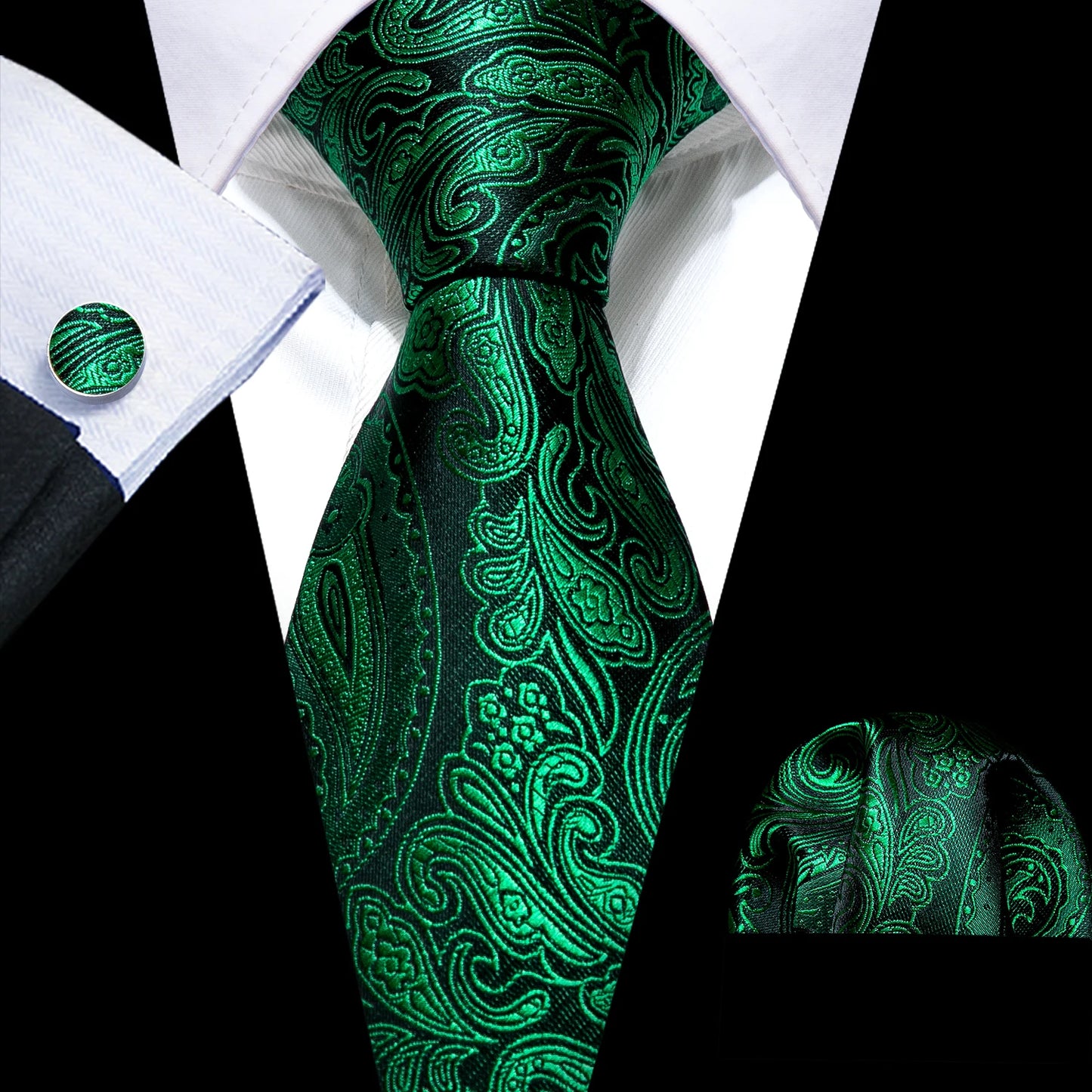 Black Green Silk Mens Ties Set