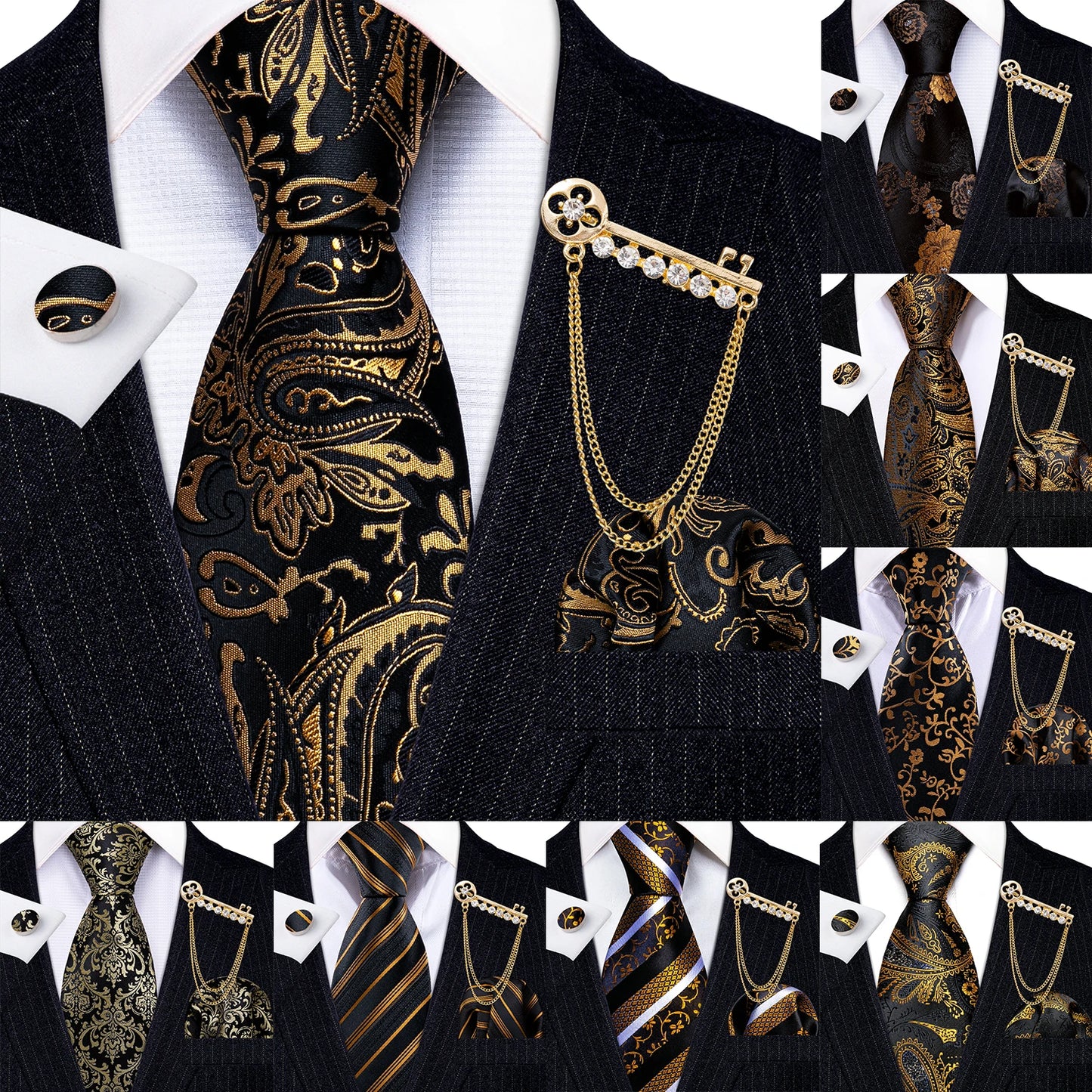 Gold Black Jacquard Silk Men Tie