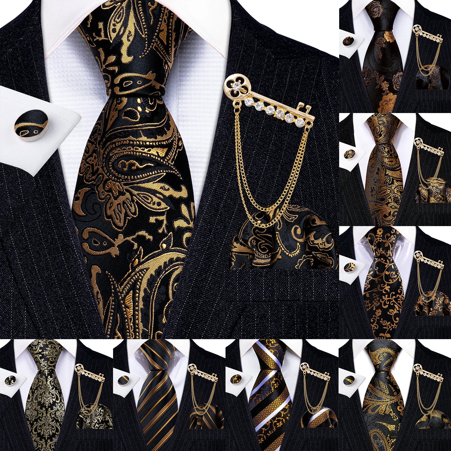 Gold Black Jacquard Silk Men Tie