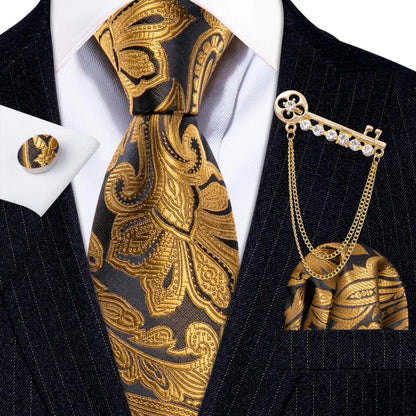 Gold Black Jacquard Silk Men Tie