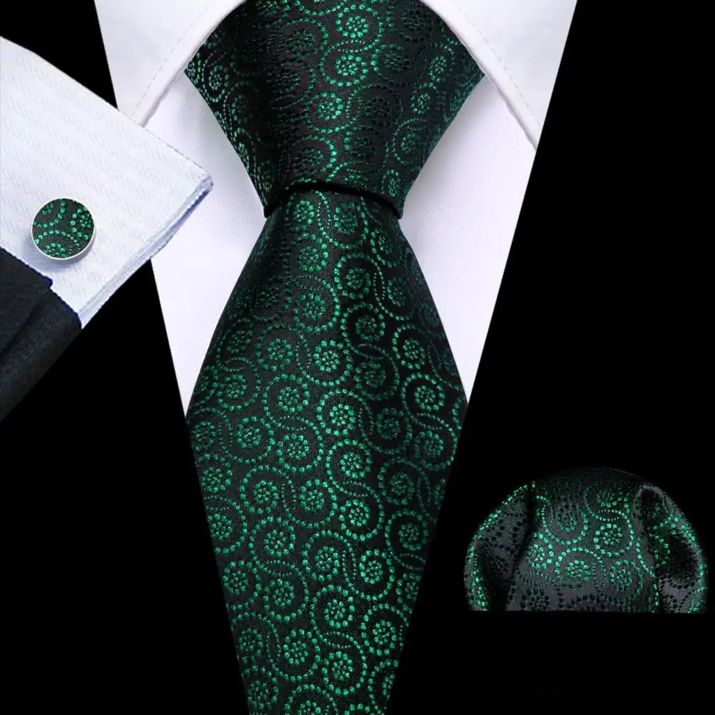 Black Green Silk Mens Ties Set