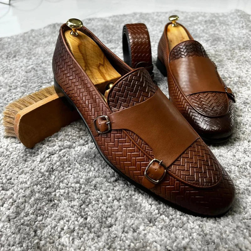 Brown Black Pu Breathable Double Buckle Monk Shoes