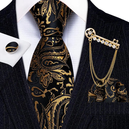 Gold Black Jacquard Silk Men Tie