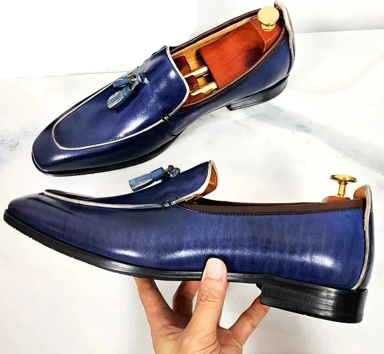 Elegant Blue Black Tassel Leather Men Shoes