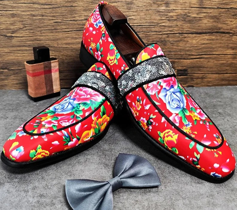 Flower Print Banquet Leather Men Shoes