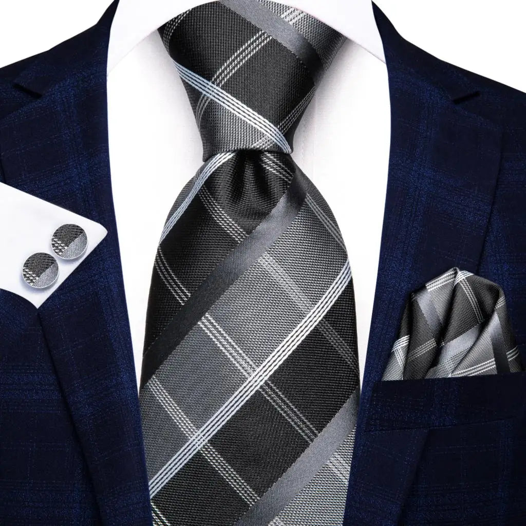 Silk Silver Blue Plaid Tie For Men