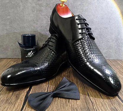 Black Coffee Leather Weave Print Lace Up Shoes