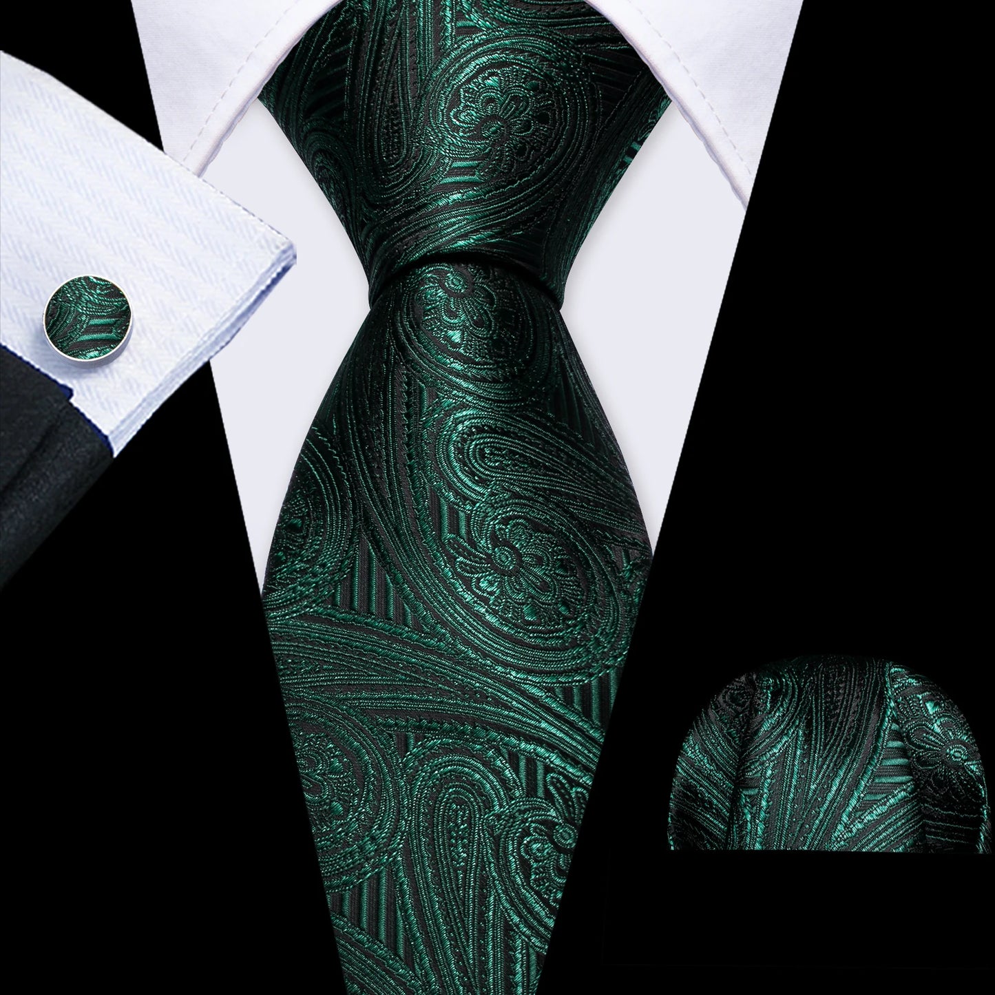 Black Green Silk Mens Ties Set