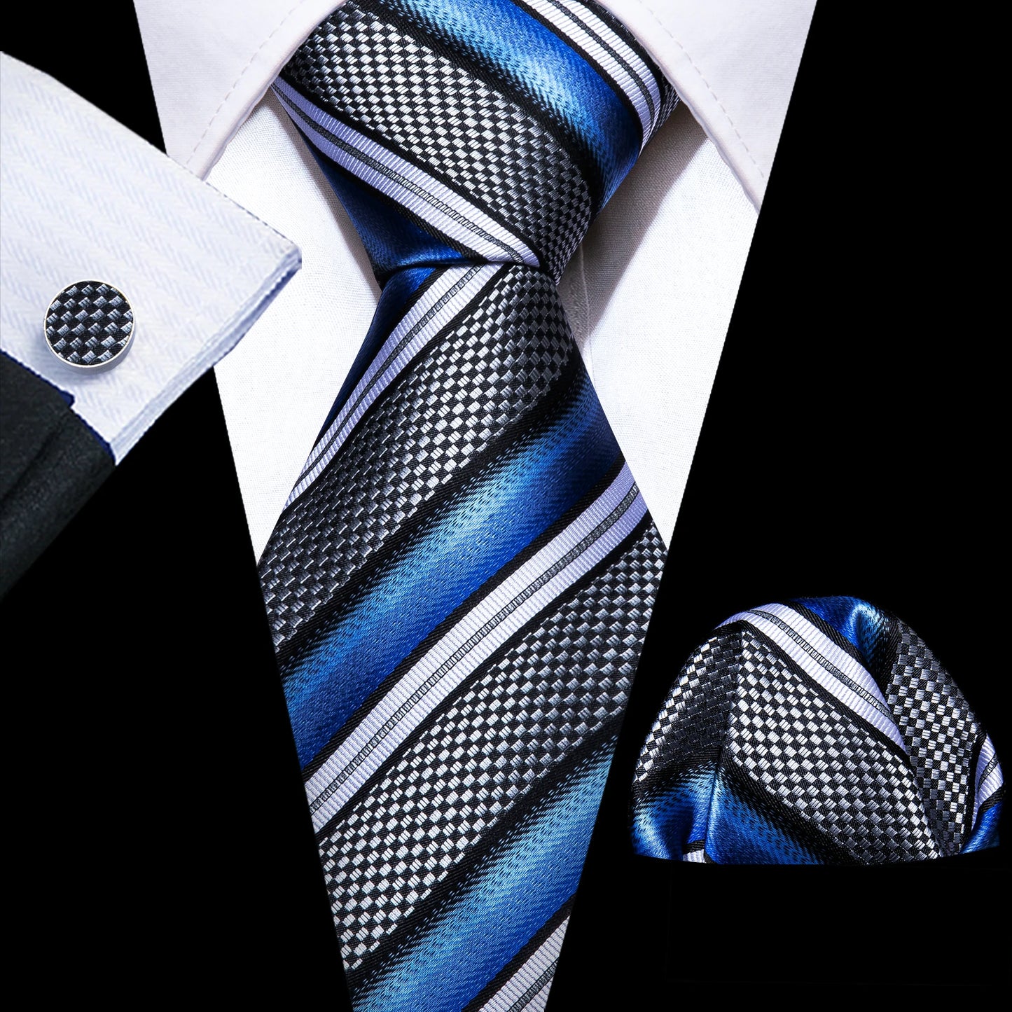 Silk Necktie Pocket Square Cufflinks Set Men Ties