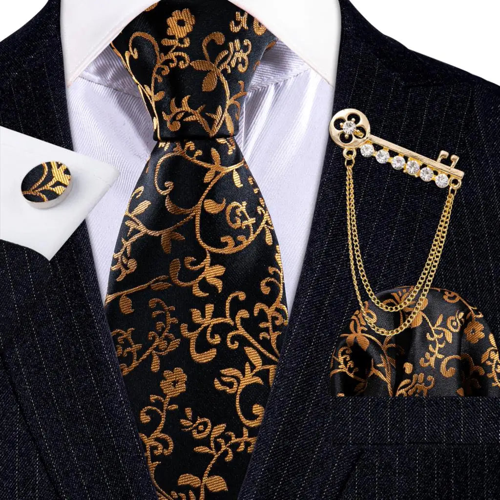 Gold Black Jacquard Silk Men Tie