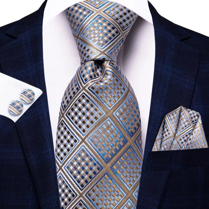 Silk Silver Blue Plaid Tie For Men