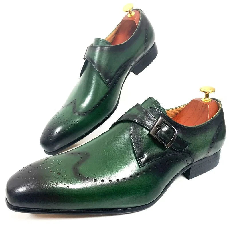 Leather Black Green Wingtip Monk Strap Men Shoes