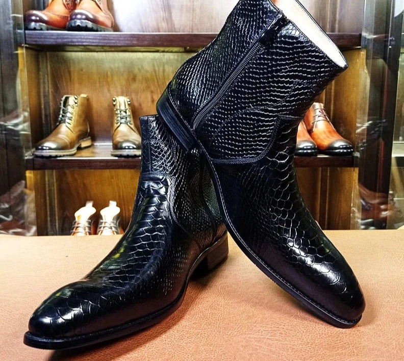 Snake Print Black Coffee Boots Zip Ankle Men Shoes