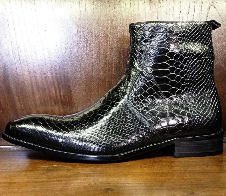 Snake Print Black Coffee Boots Zip Ankle Men Shoes