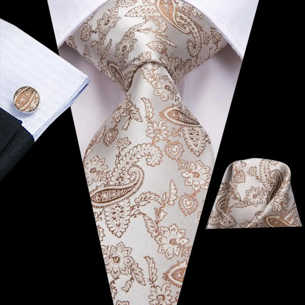 High Quality Champagne Beige Floral Design Silk Tie