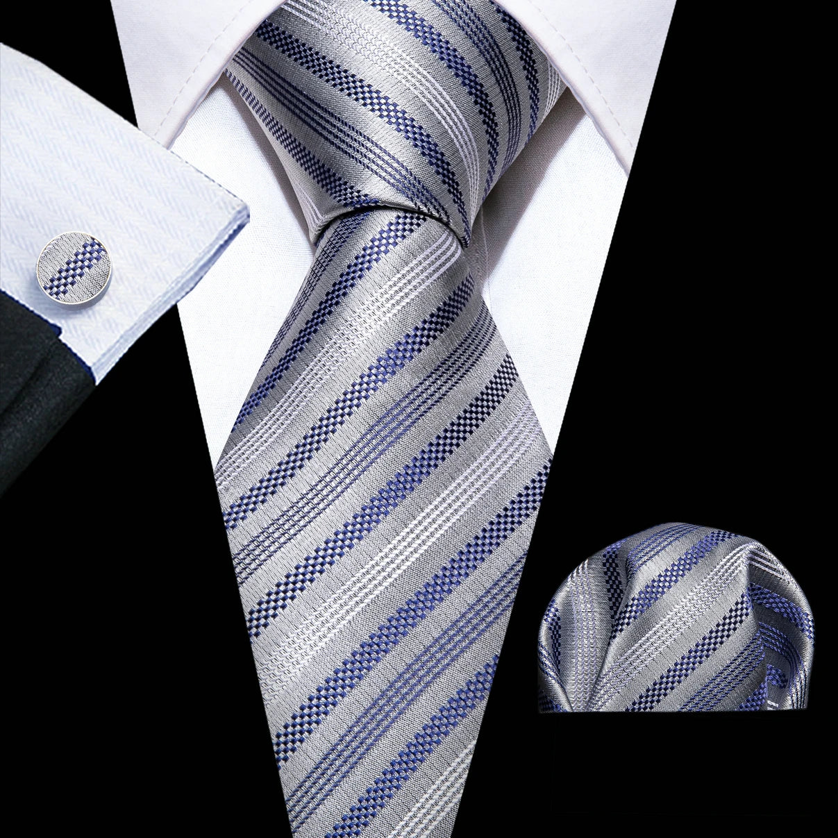 Silk Necktie Pocket Square Cufflinks Set Men Ties