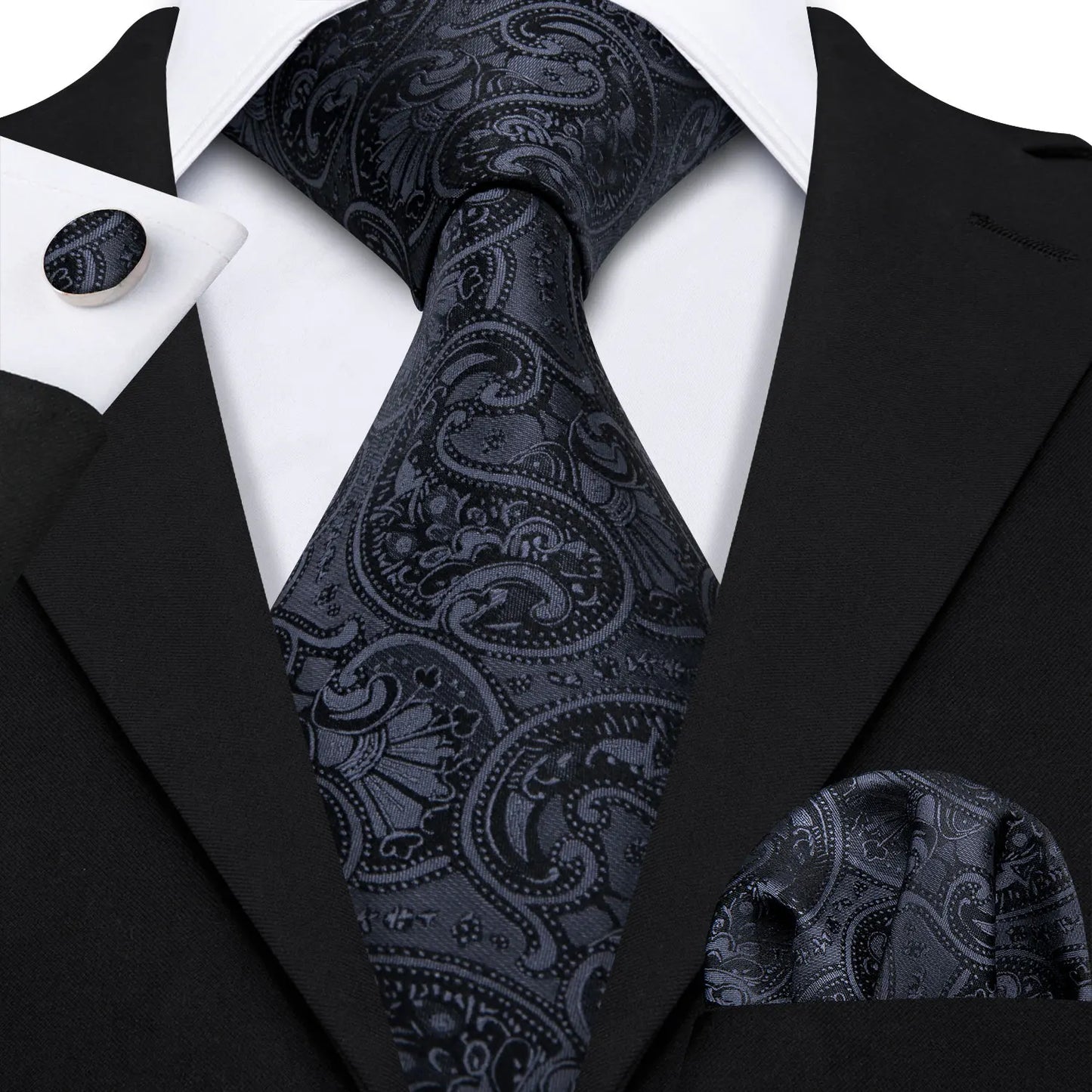 Black White Gray Silver Silk Men Tie