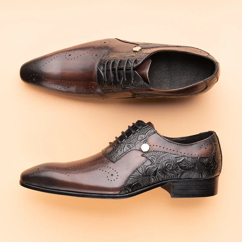 Genuine Leather Brogue Lace-up Pointed Men Shoes