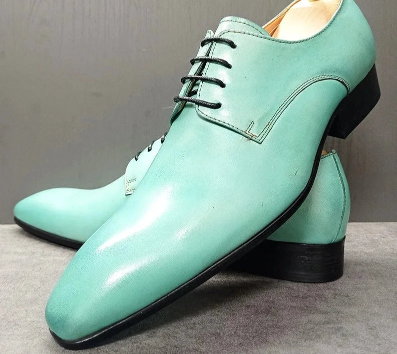 Elegant Light Green Lace Up Pointed Toe Men Shoes